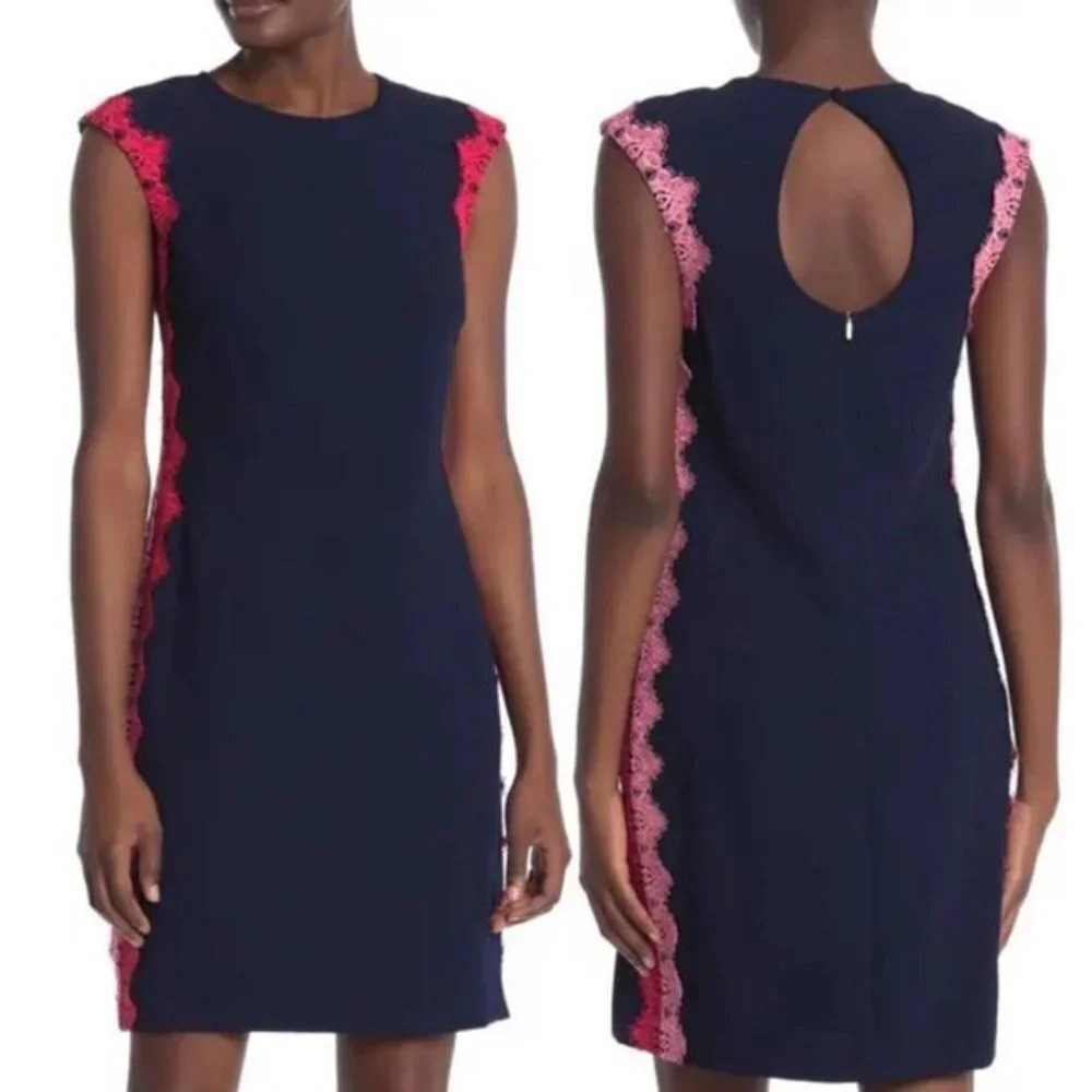 Trina Turk Whim Crochet Lace Trim Shift Dress in Navy Blue - Size 2